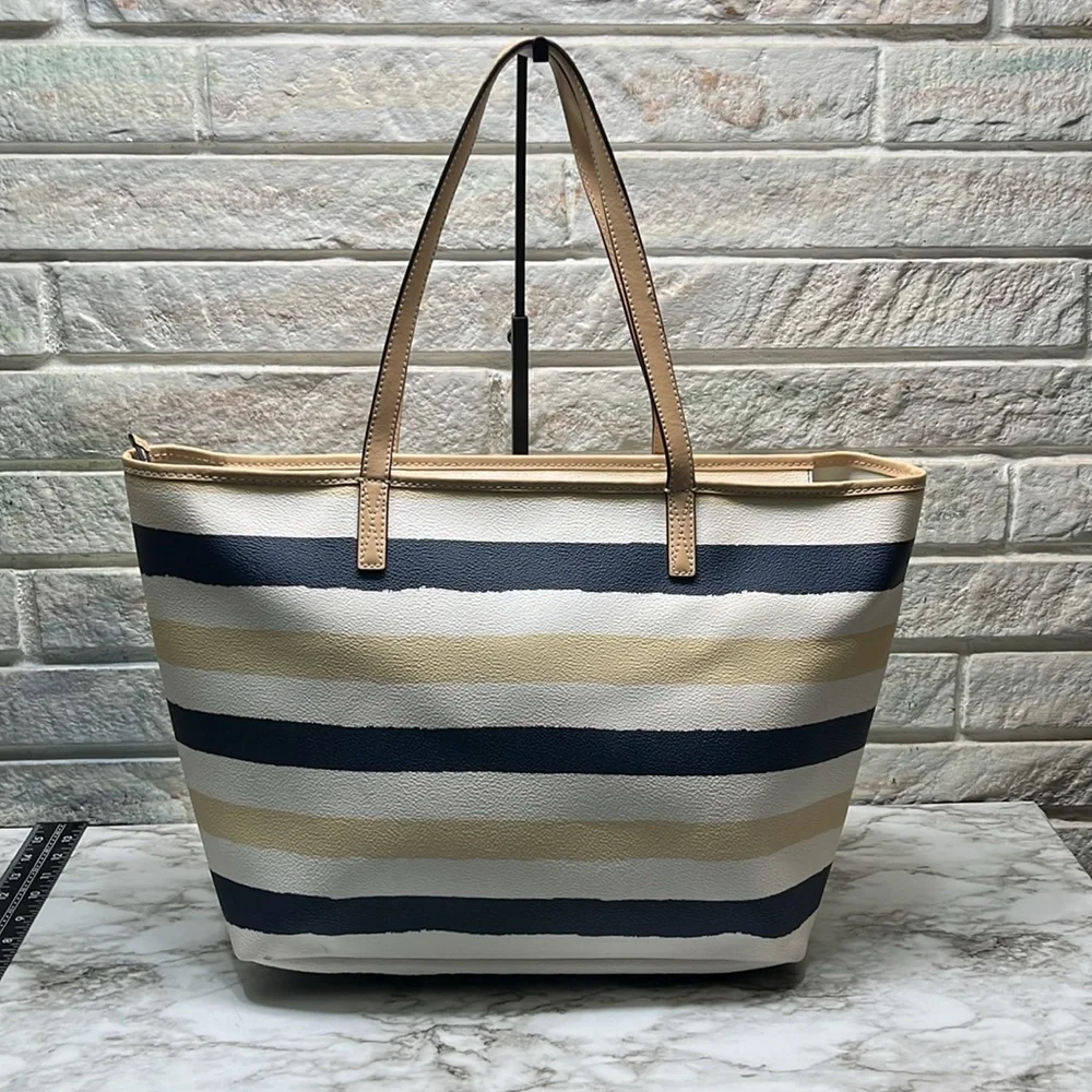 Kate Spade Bondi Road Striped Harmony Tote, Tan Cream & navy striped, Large VGUC - Picture 7 of 15